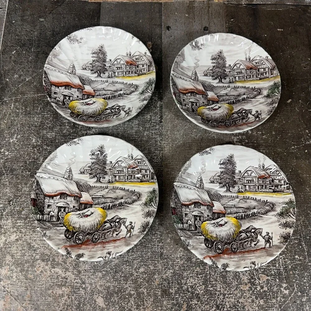 4 VINTAGE YORKSHIRE STAFFORDSHIRE IRONSTONE SAUCER‎ FARM SCENE lot